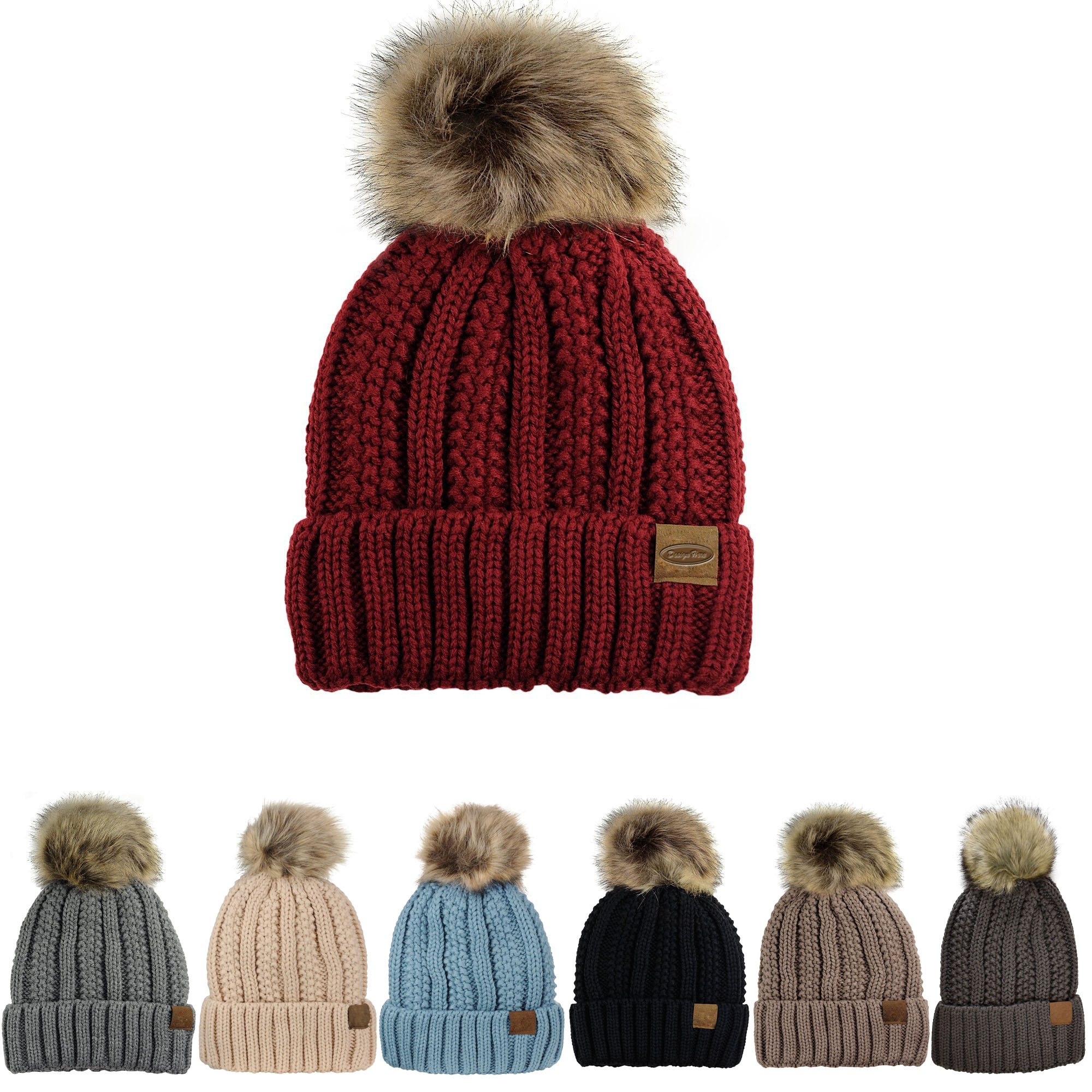 Thick Cable Knit Faux Fuzzy Fur Pom Fleece Lined Cap Cuff Beanie 2