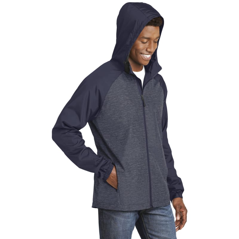 Sport-Tek Heather Colorblock Raglan Hooded Wind Jacket. 22