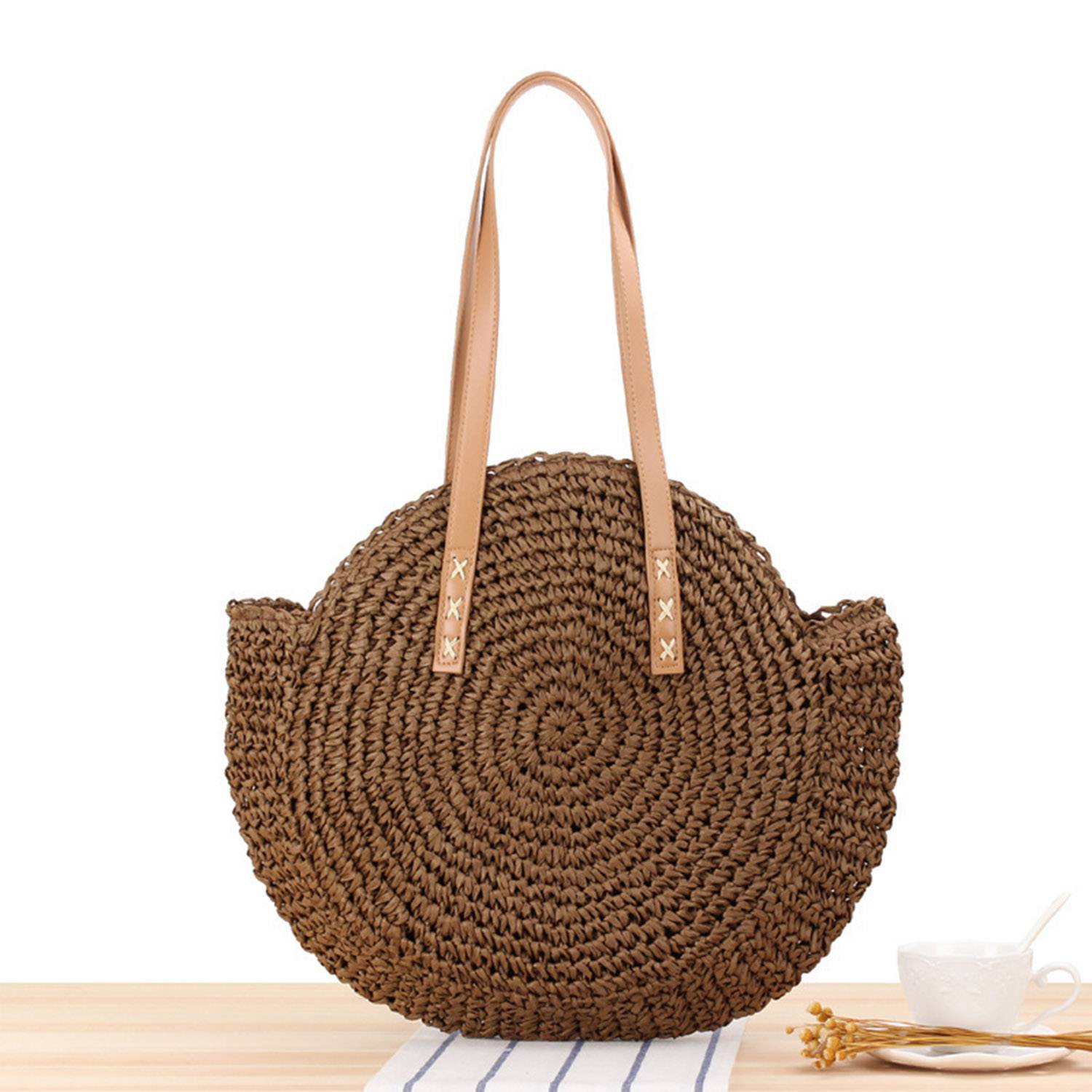 Women Round Hollow Straw Tote Bag 4