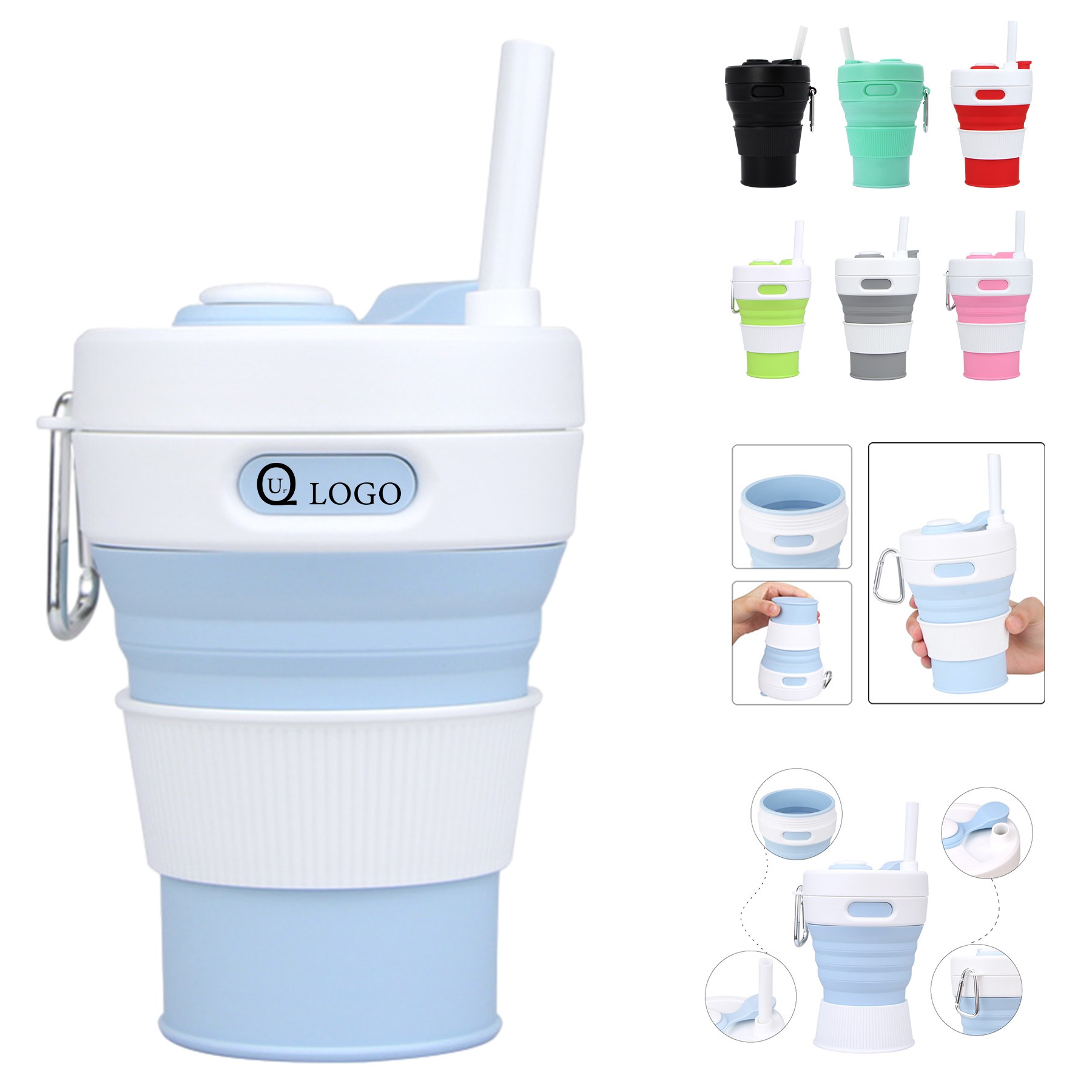 15.2Oz Silicone Folding Water Bottle W/ Straw