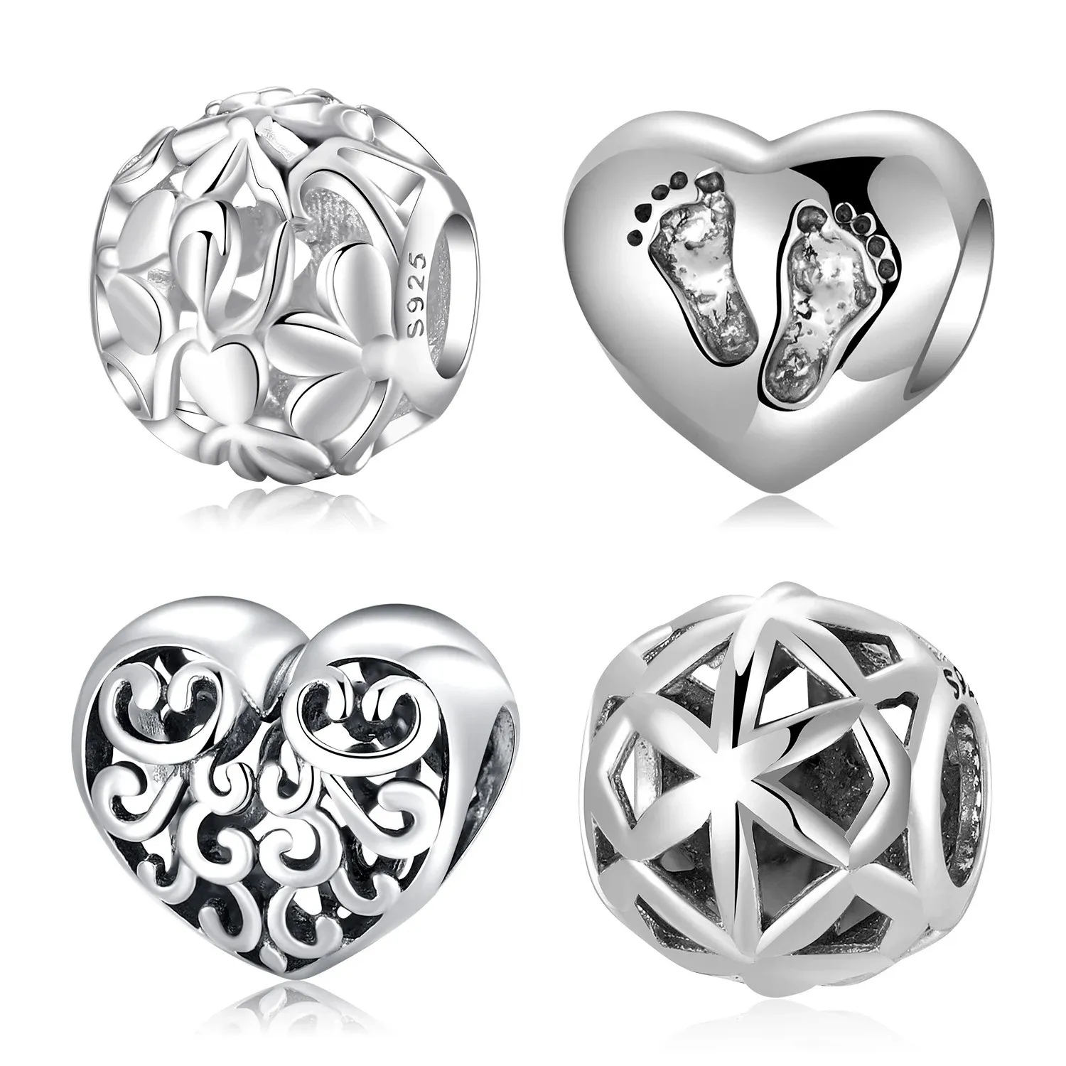 925 Sterling Silver U-shape Chocolat Heart Family Beads 1