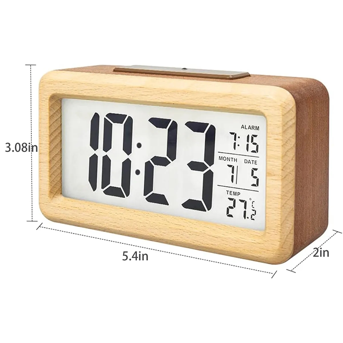 Bamboo Wooden LCD Alarm Digital Clock With Night Light Temp 7