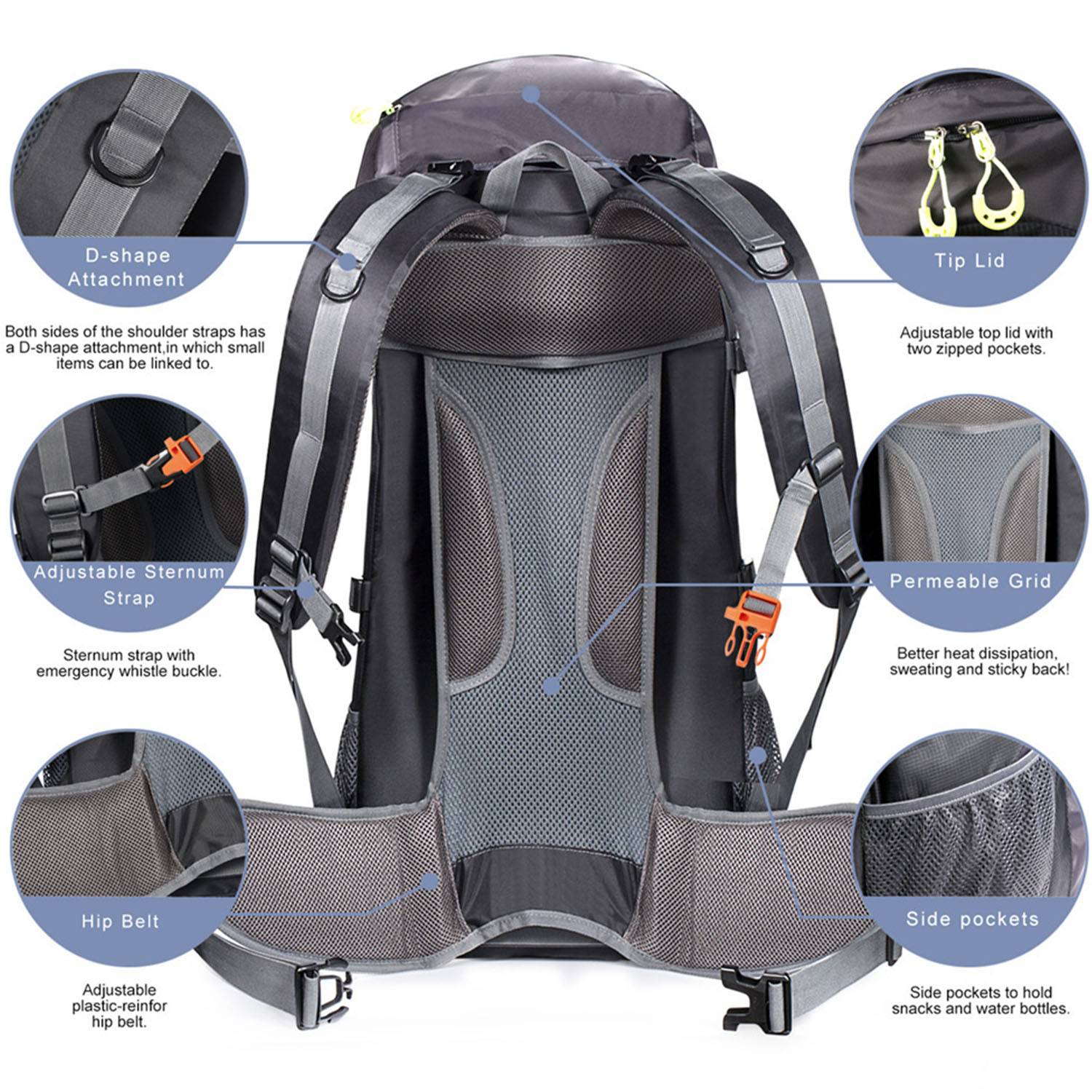 68L Outdoor Hiking Backpack with Solar Charger Panel 20w/6v 2