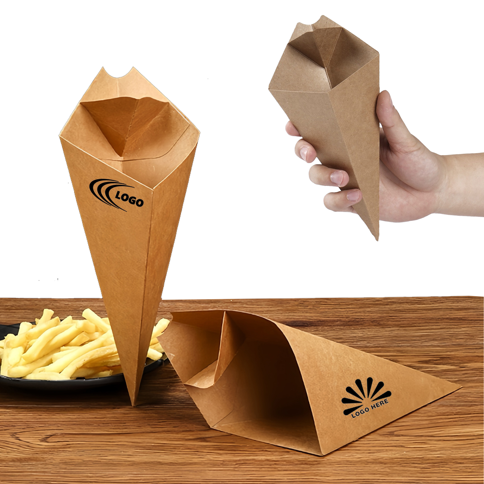 Disposable Kraft Paper Fries Cone with Sauce Holder 2