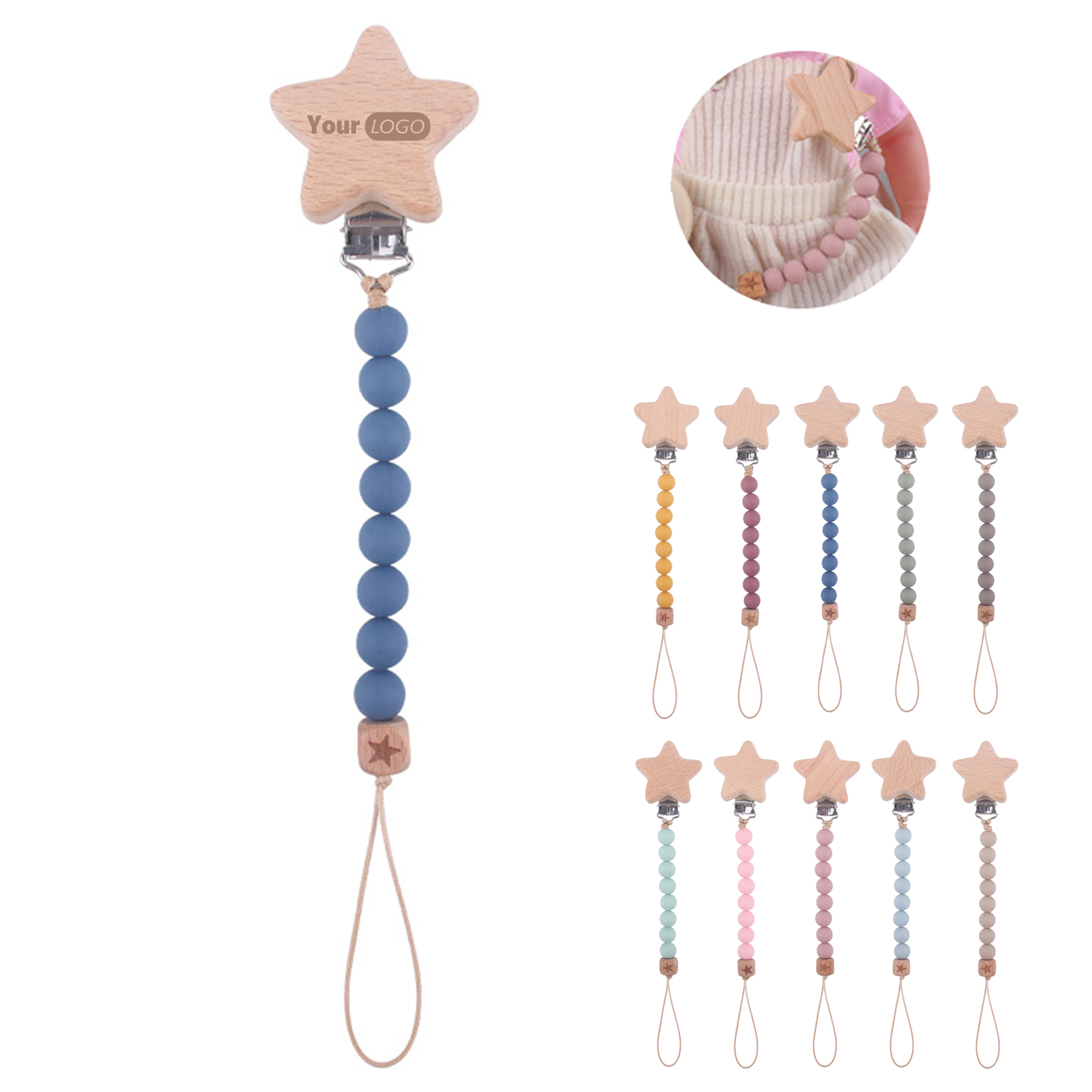 Star-Shaped Beech Wood Pacifier Clip with Silicone Beads 2