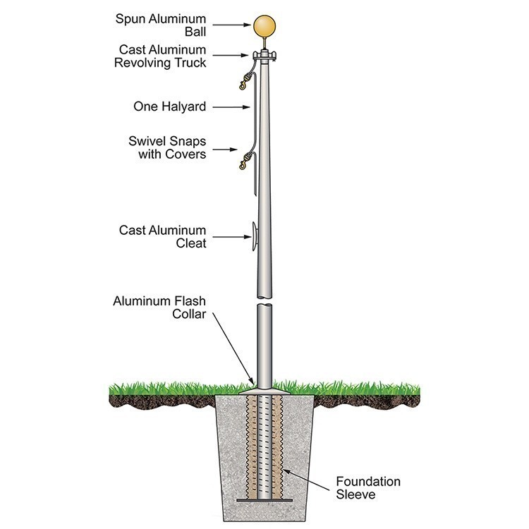 50' Commercial Series Outdoor External Halyard Flagpoles - Satin 1