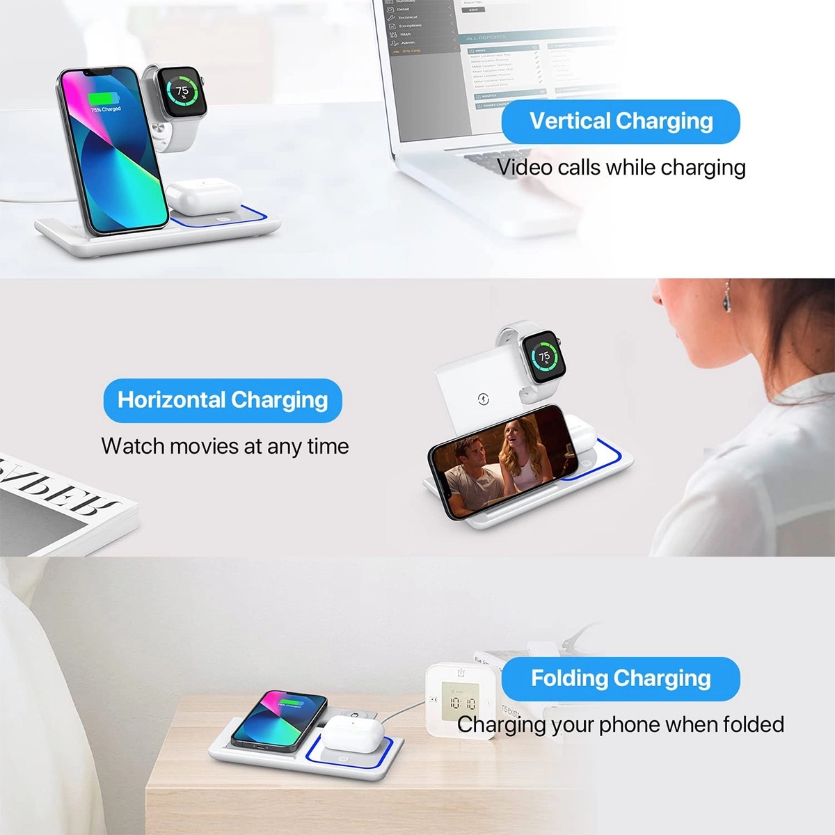 3 in 1 Custom Fast Wireless Charger Stand Charging Station 5
