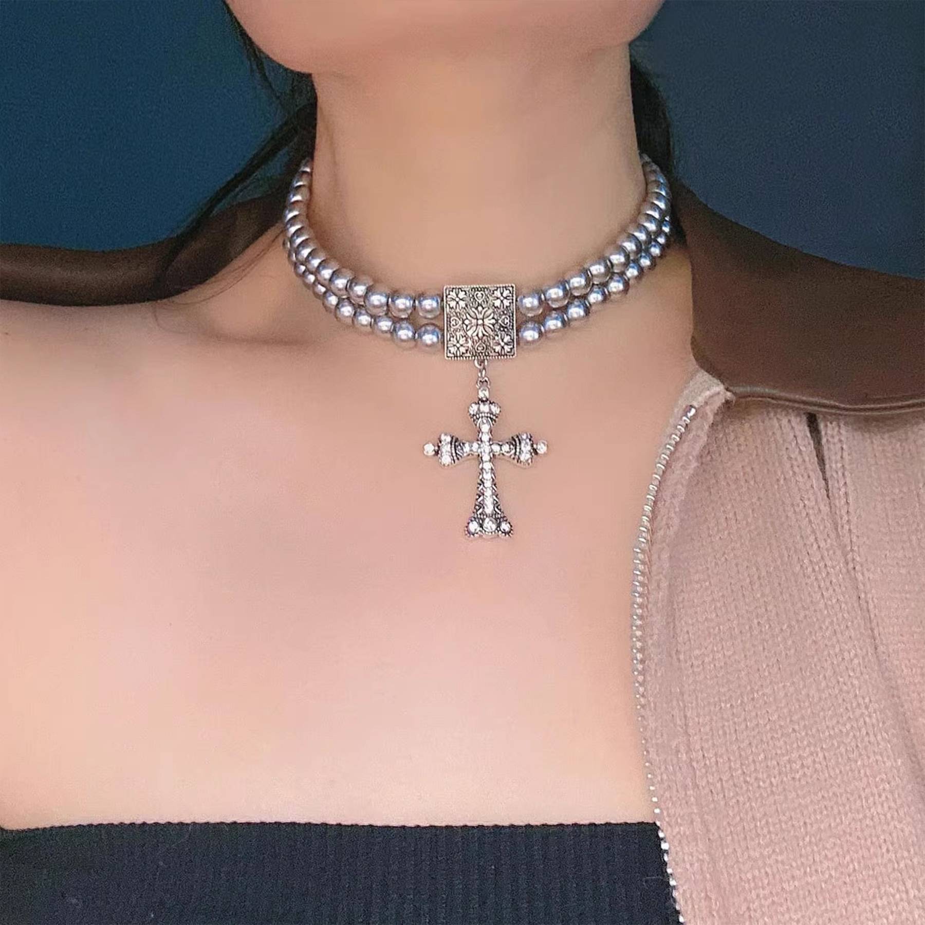 Alloy Double grey pearl rhinestone cross necklace 5
