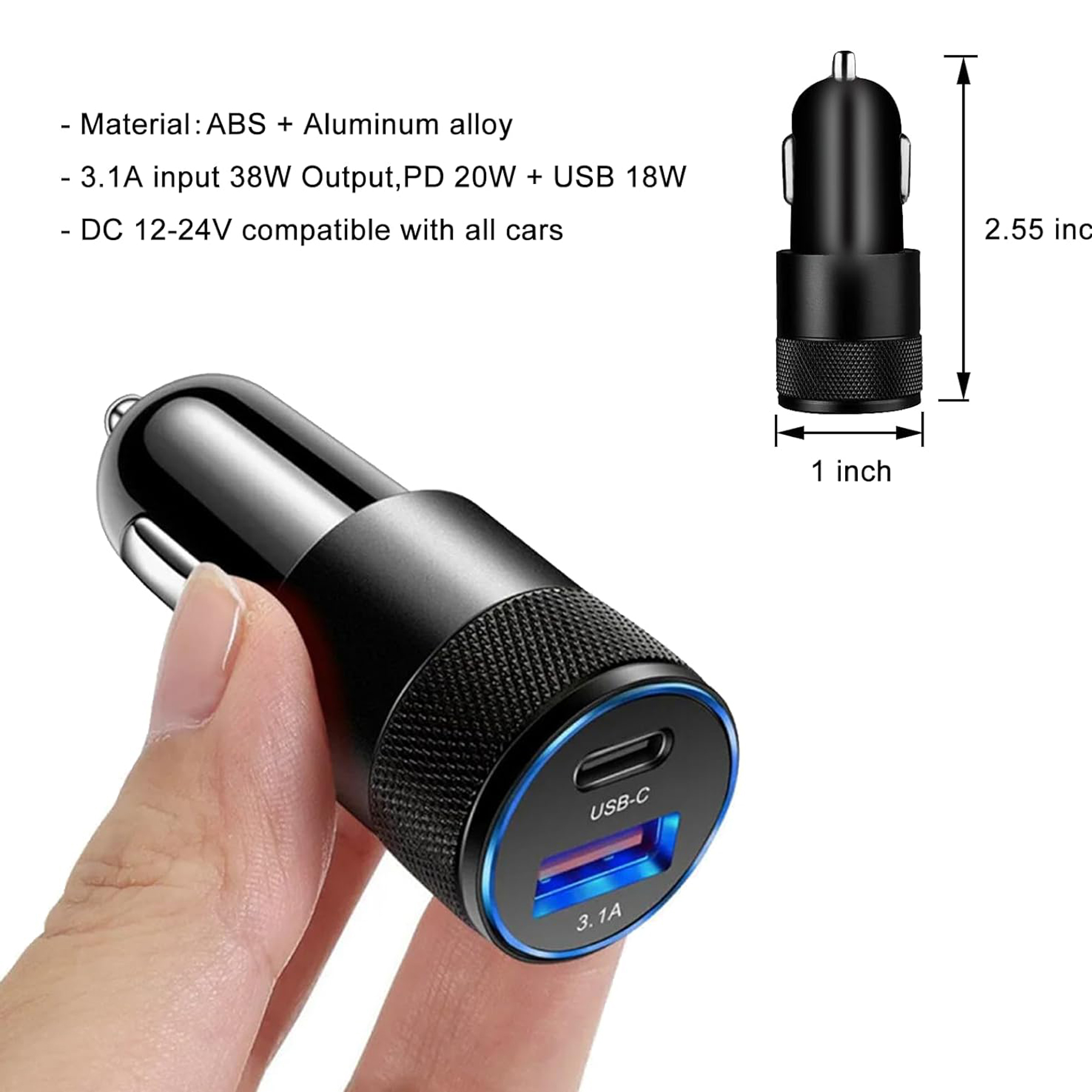38W USB-C Car Charger with Power Delivery and Quick Charge 3.0 6