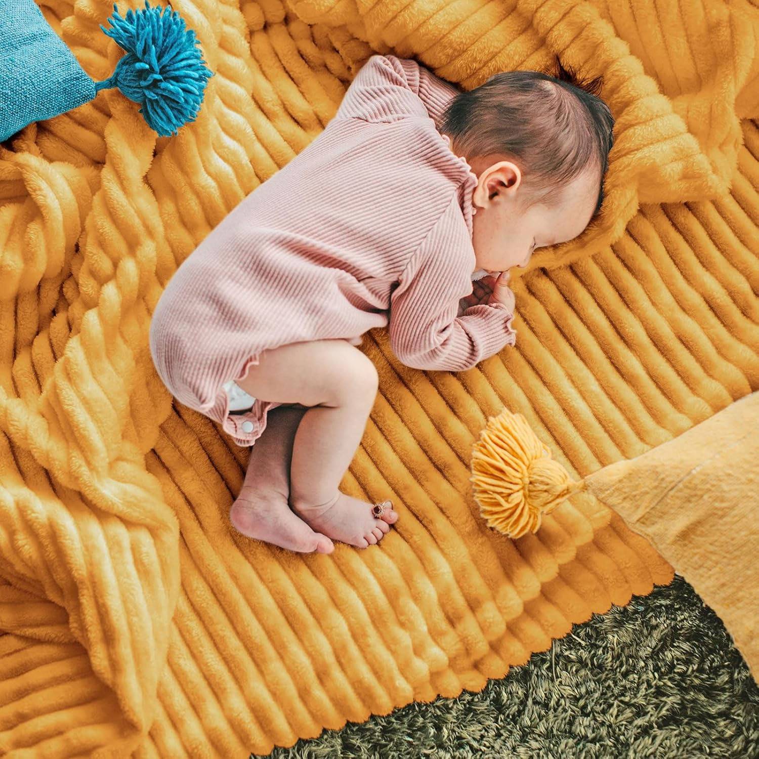 Tassel ball magic velvet striped blanket 5
