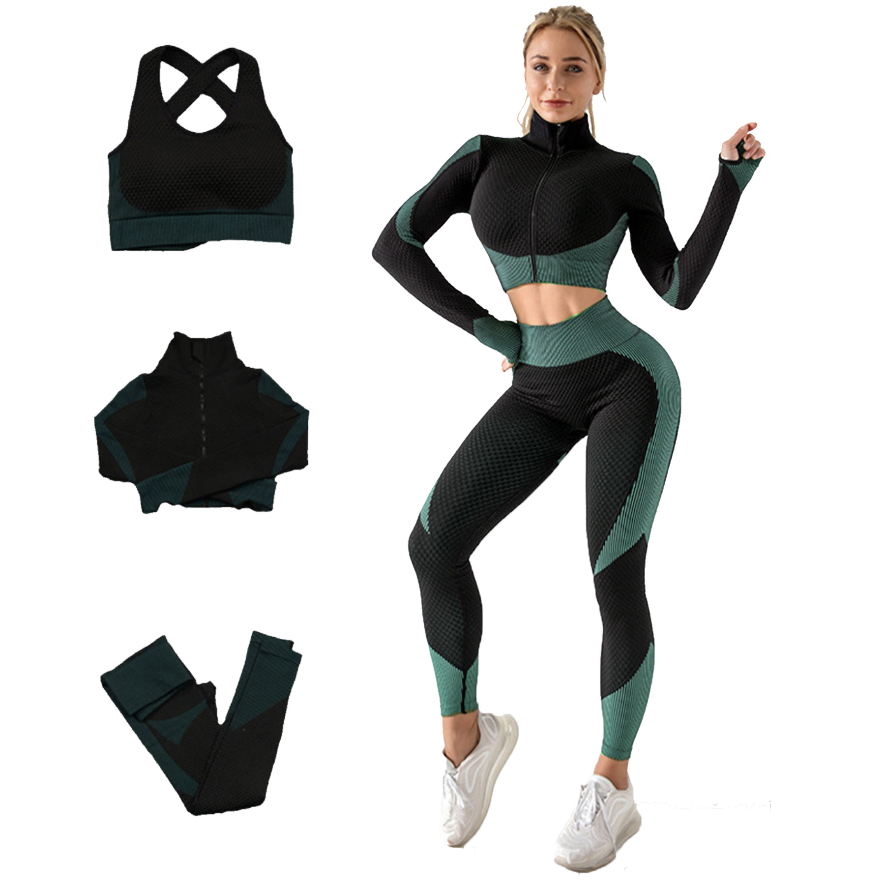 Womens 3Pcs Seamless Yoga Suit Long Sleeve Coat Vest Leggings 2