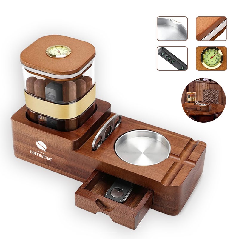 Wooden Cigar Case Humidor Ashtray Set With Cutter Office 3