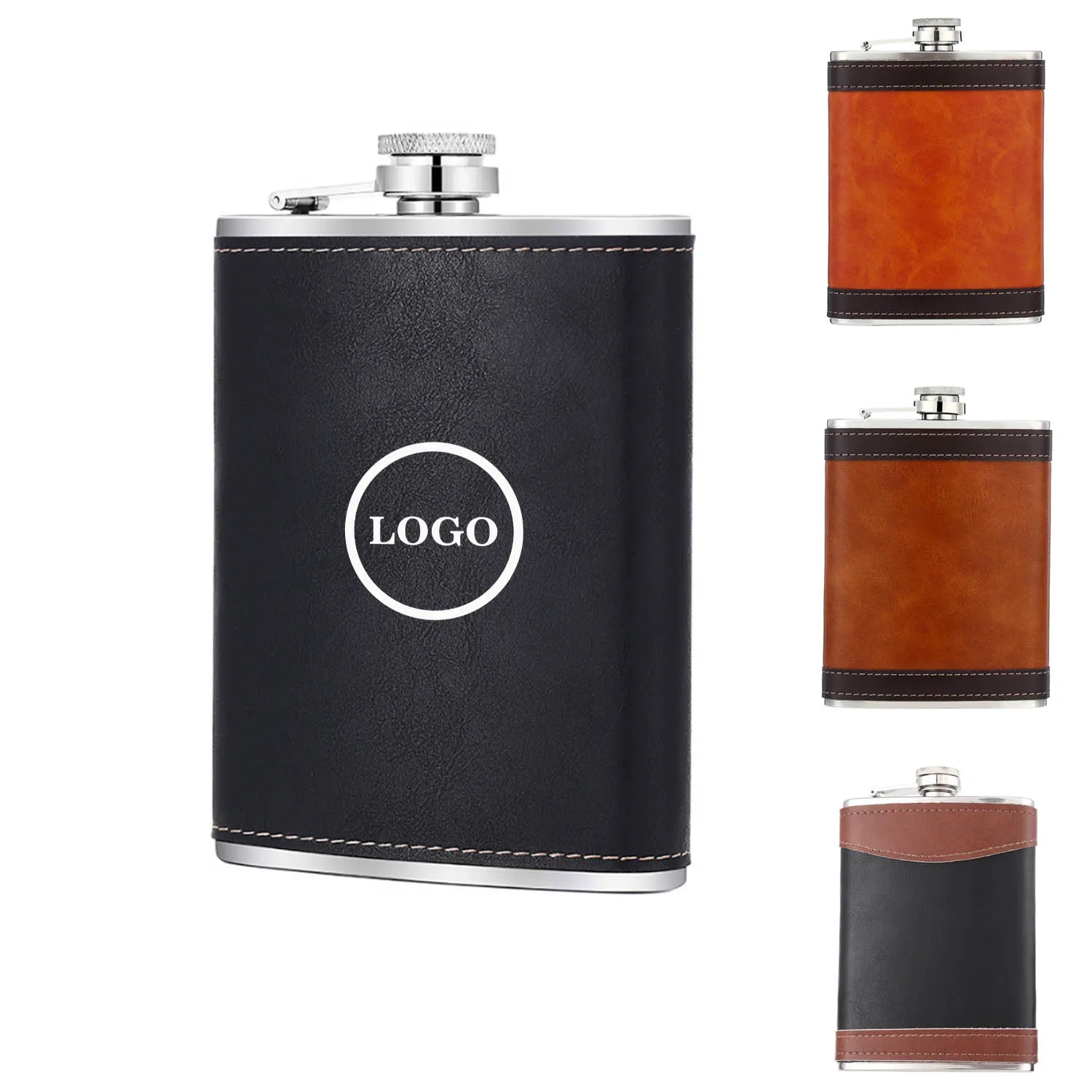 8 oz. Leather Wrapped Stainless Steel Flask, custom water bottle with logo imprint 1