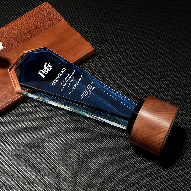 Plaque Design Blue Crystal Trophy with Wooden Base 4
