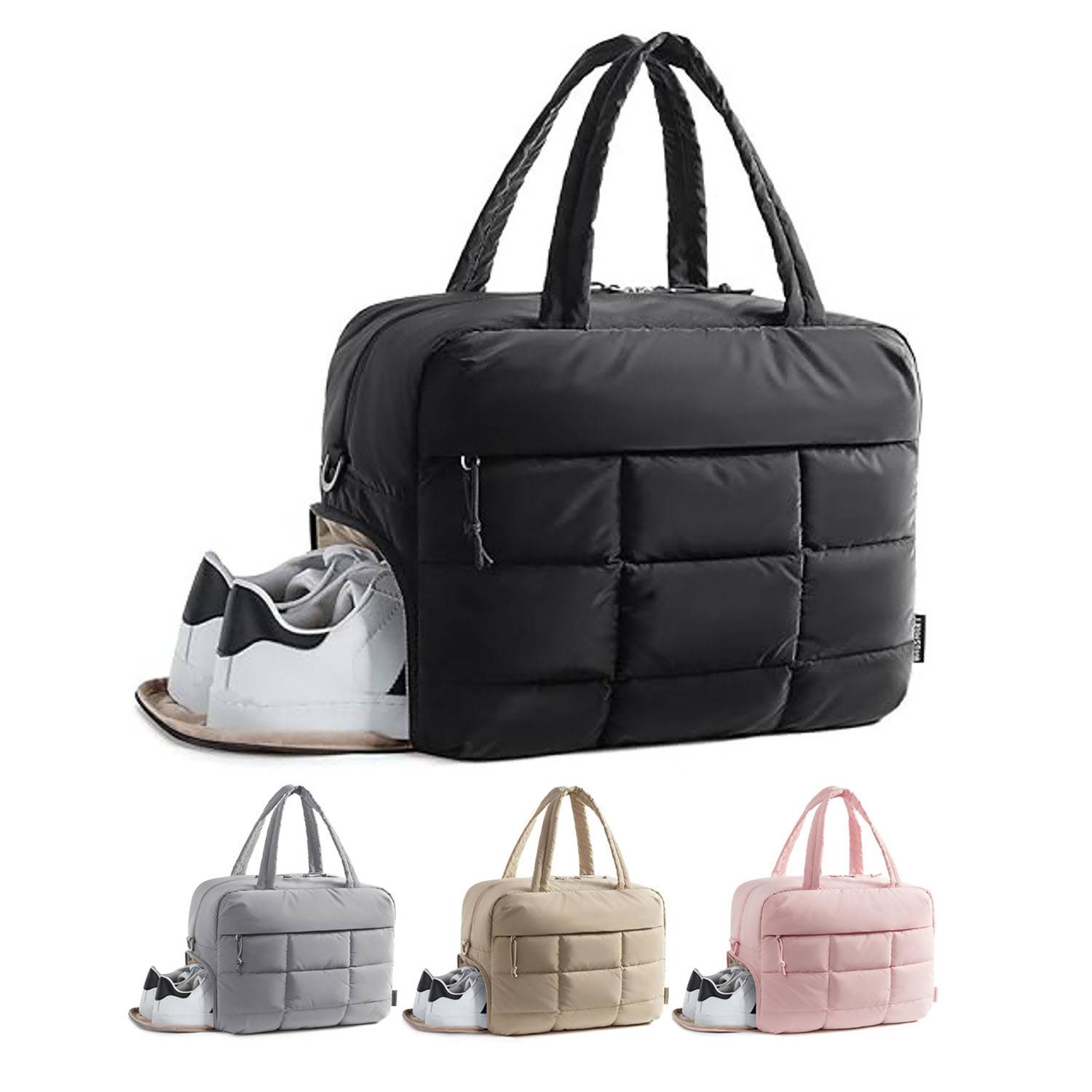 Quilted Nylon Fluffy Tote Bags W/ Shoe Compartment 9