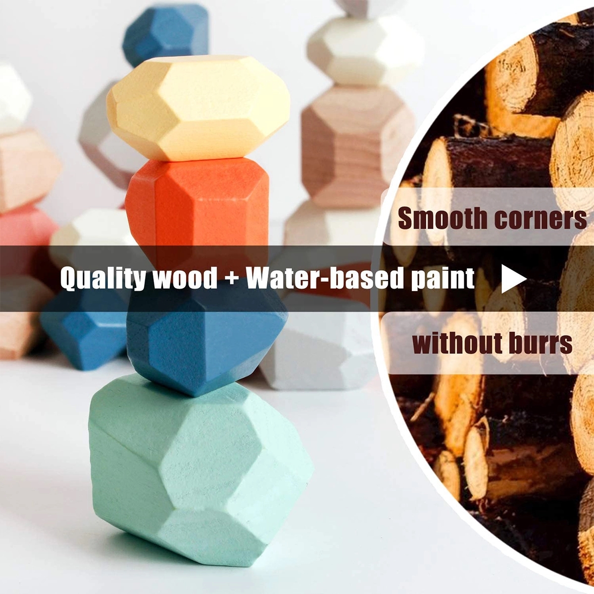 36 Pcs Wooden Sorting Stacking Rocks 3