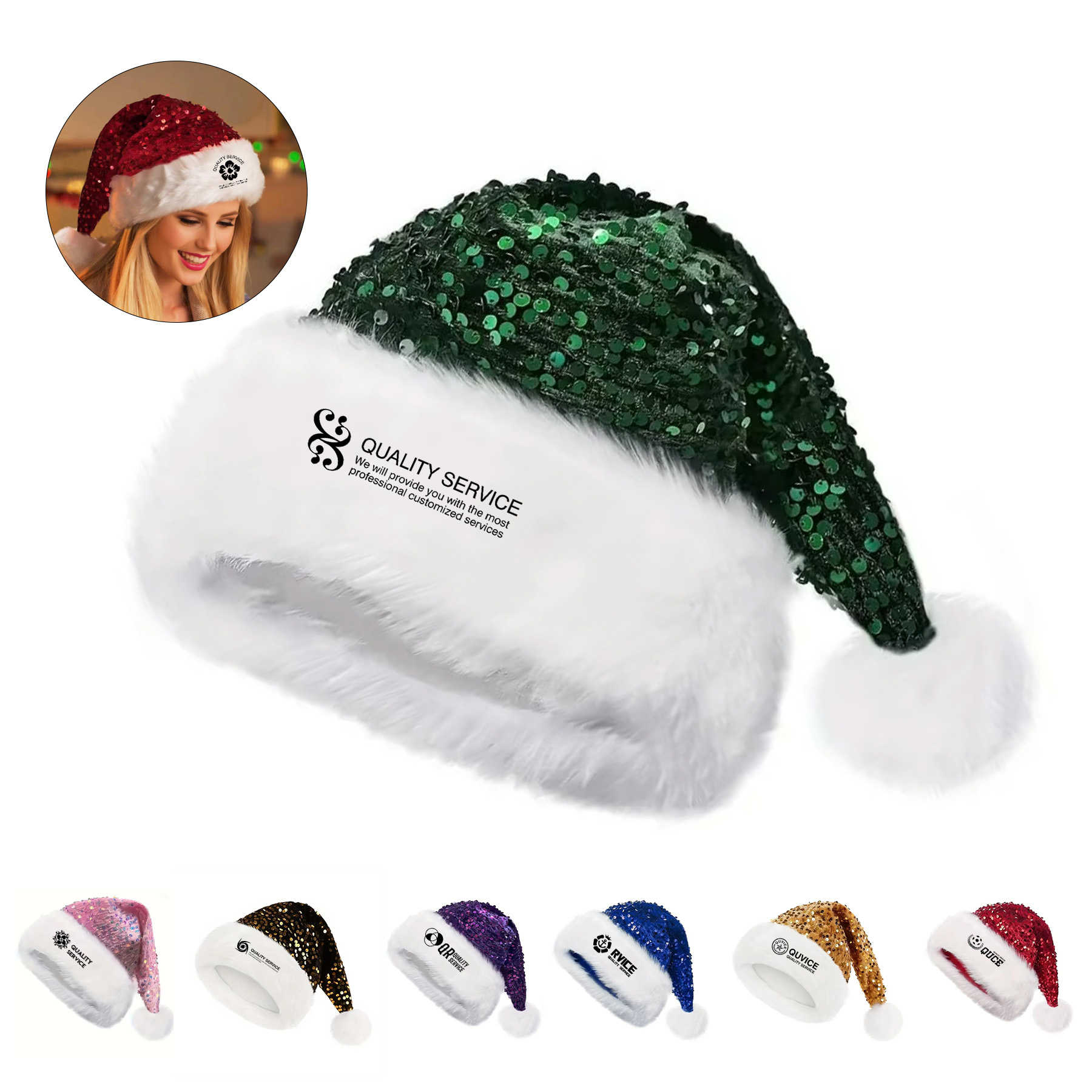 Plush Two-Tone Sequins Santa Hat 7