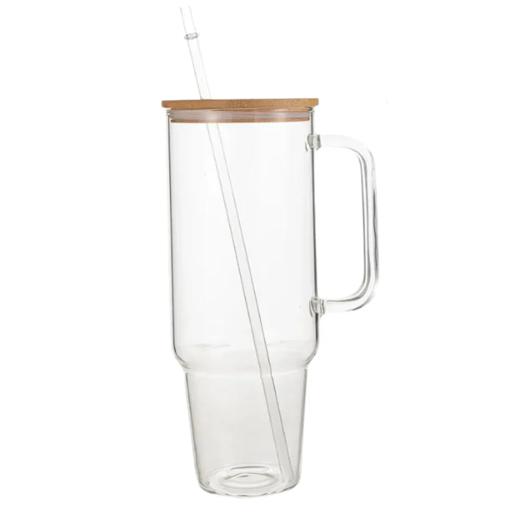 40oz. Glass Tumbler with Handle, Bamboo Lid and Straw 2