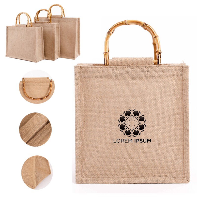 Jute Tote Bag With Bamboo Handle, custom tote bag with logo imprint 2