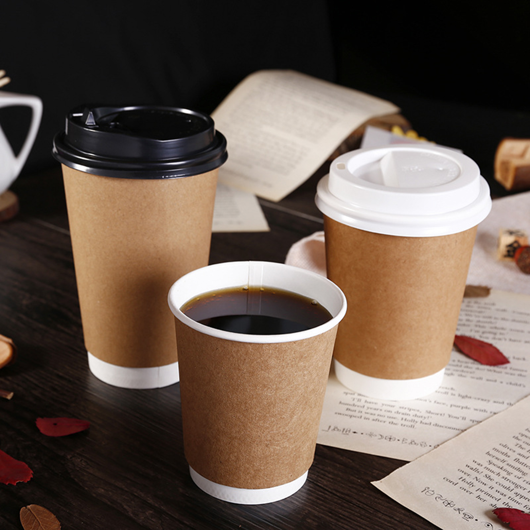 Kraft Paper Insulated Coffee Cups 8/12/12/16OZ with Lid 3