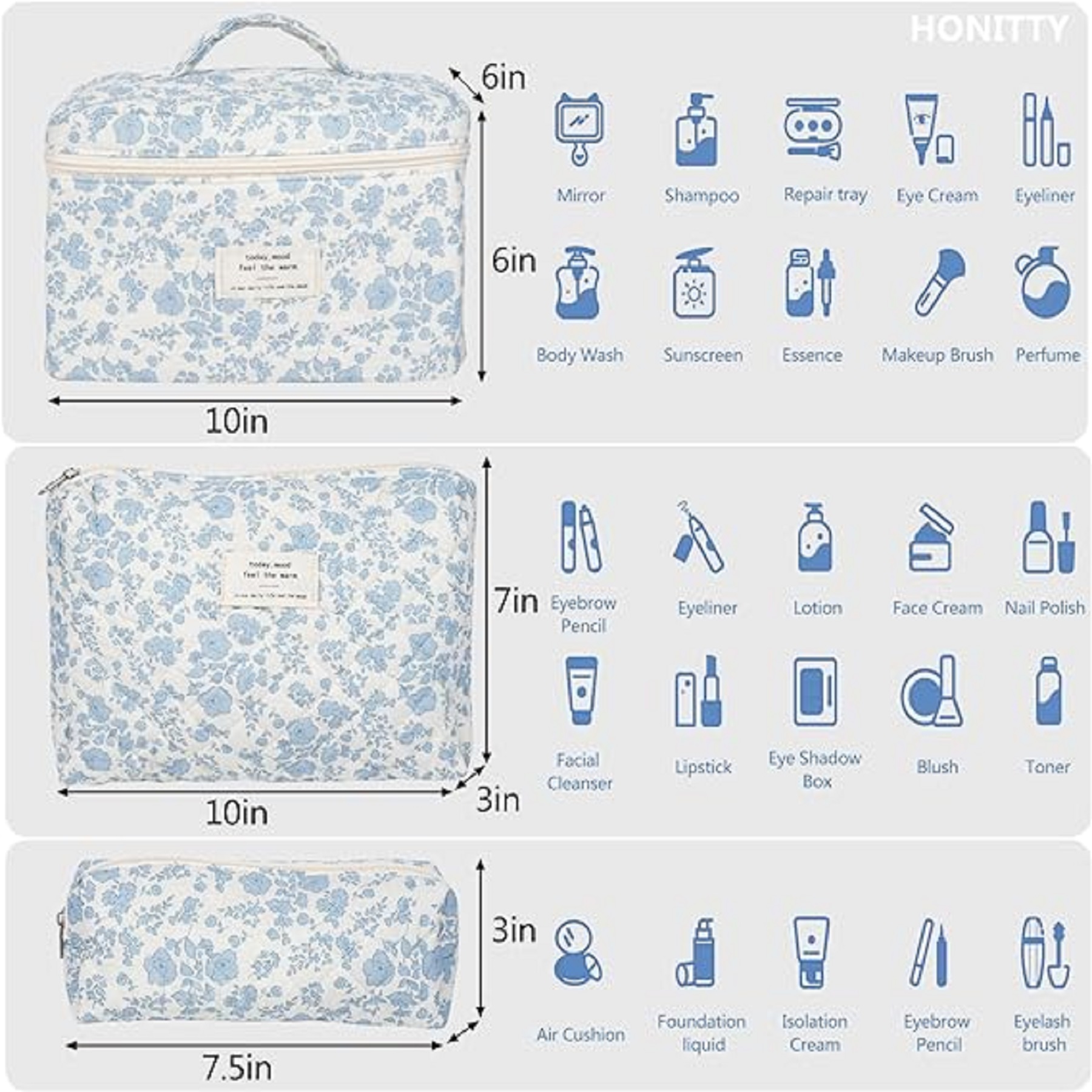 3 Pack Cotton Makeup Bag Set 13