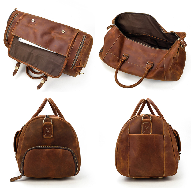 Mens Classic Gift Carry on Bag Leather Weekend Bag Full Grain Overnight Luggage YKK Zipper 2