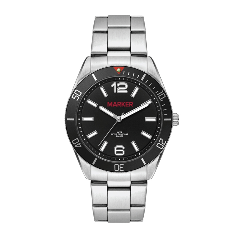WC5186 42MM METAL MATTE SILVER CASE, 3 HAND MVMT, BLACK DIAL, BK ROTATING BEZEL, SILVER BRACELET, FLAT MINE
