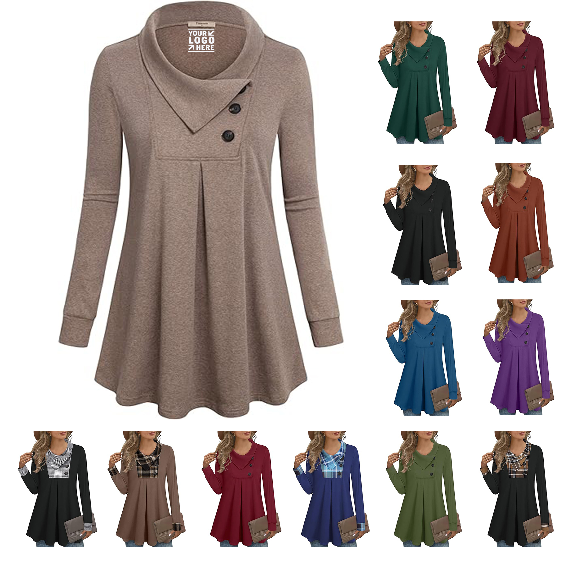 Women's Lapel Button Long Sleeve Pullover Tunic Sweatshirt 2