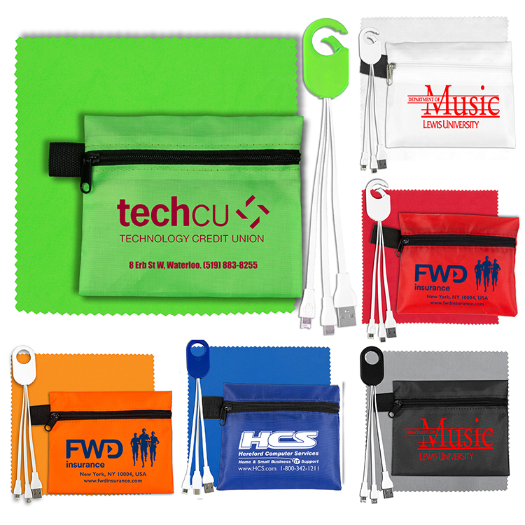 Mobile Tech Charging Cables In Zipper Pouch Components inserted into Polyester Zipper Pouch