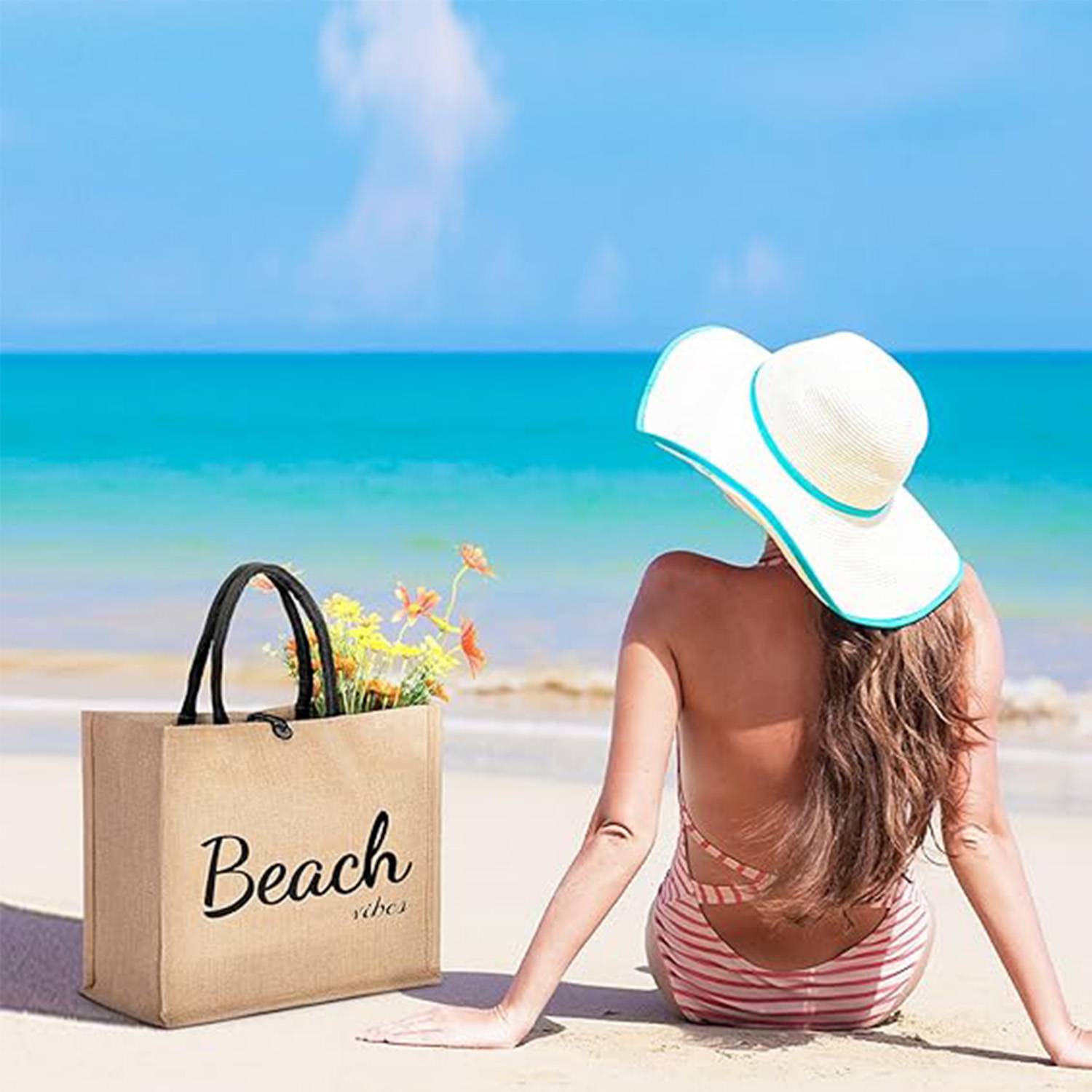 Spacious Linen Cotton Beach Tote Bag w/ Wallet 2