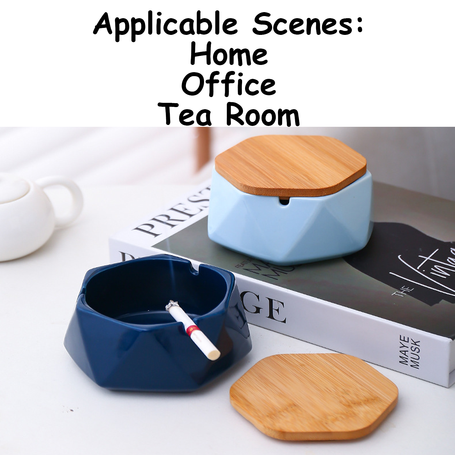 Simple Ceramic Ashtray w/ Bamboo Lid 11