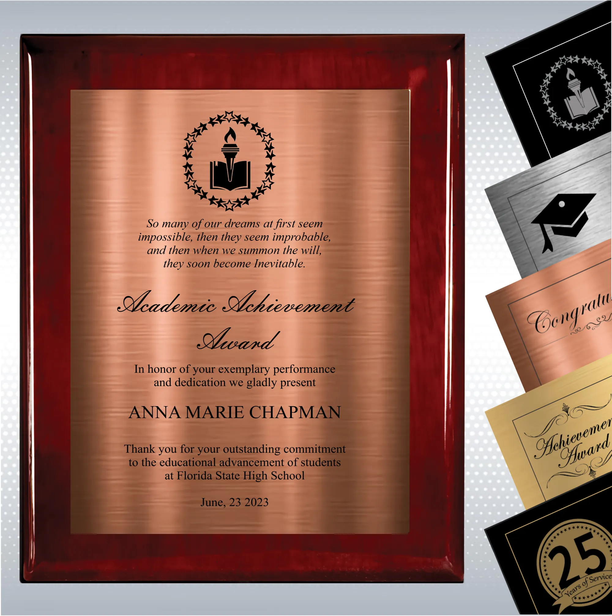 Rosewood Piano Finish Wood Plaque Academic Achievement 6