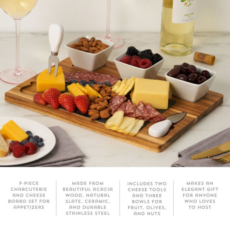 Twine Living® Acacia & Slate Cheese Board Set w/ Ceramic Bowls 5