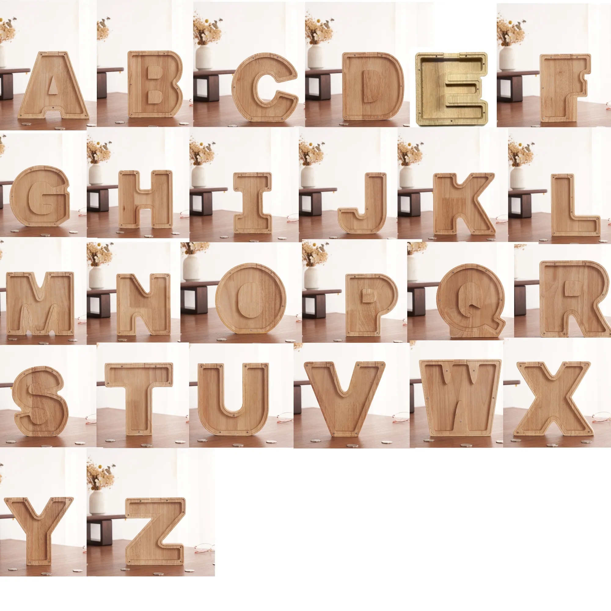 Wooden Transparent A to Z Alphabet Letter Piggy Bank 5