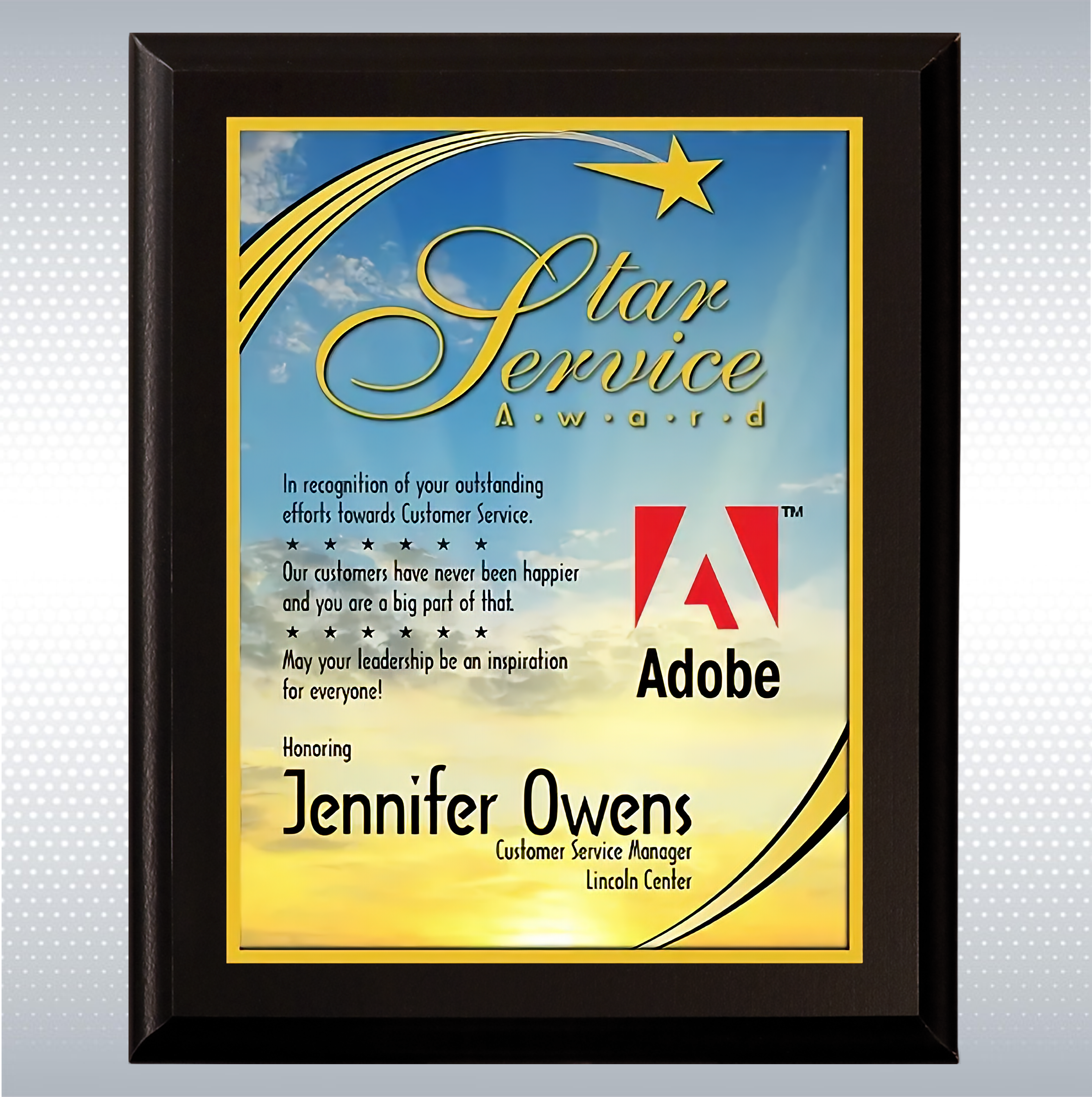 Black Matte Finish Wood Plaque w/Full Color Sublimated Plate 10