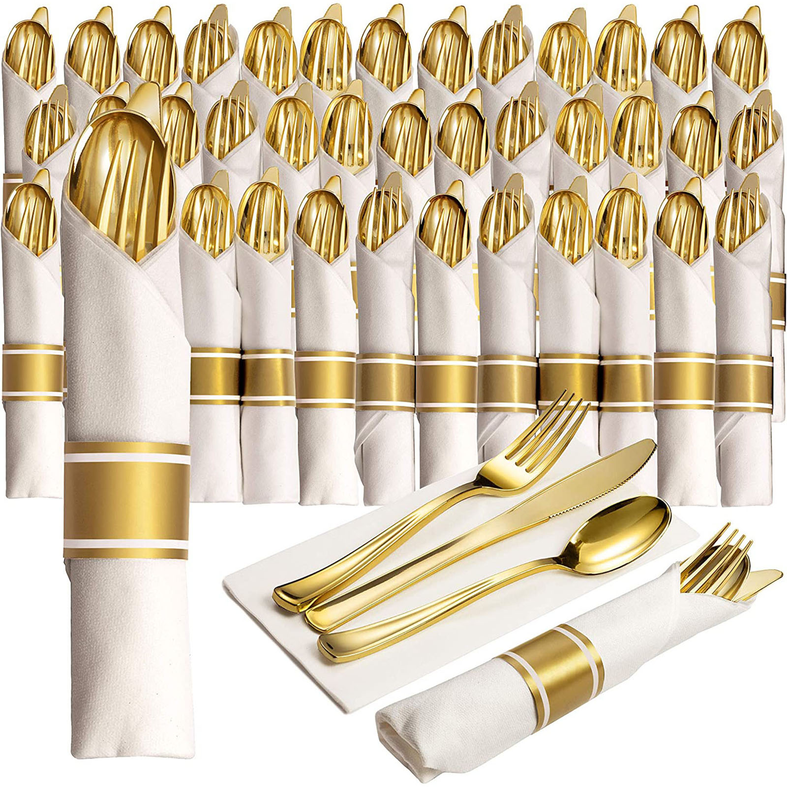 Wrapped Disposable Silverware Set with Fork Knives Spoon White Napkins 2