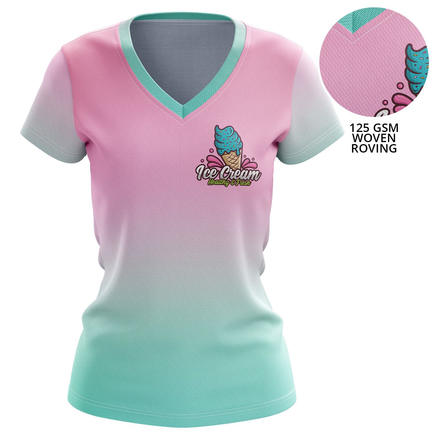 Women 125 GSM Woven Roving Performance Sublimation V-Neck Short Sleeve T-shirt