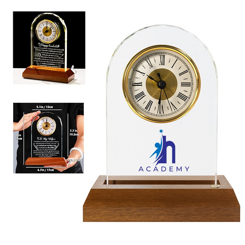 Quartz Crystal Engravable Table Clock Glass Office Desk Clock Awards Plaque Wooden Base 3