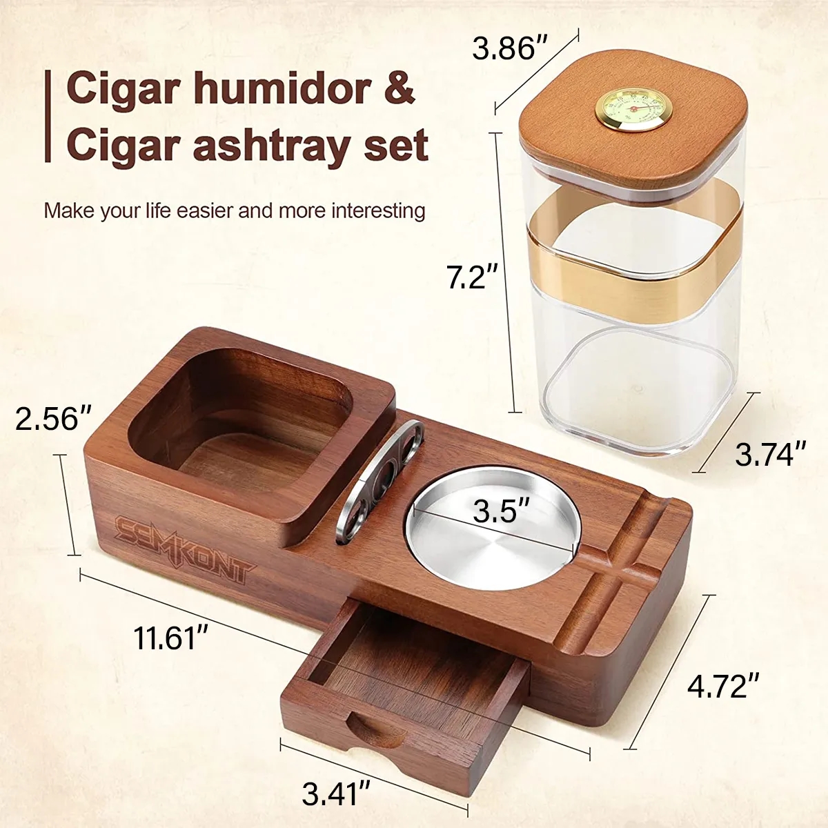 Wooden Cigar Case Humidor Ashtray Set With Cutter Office 6