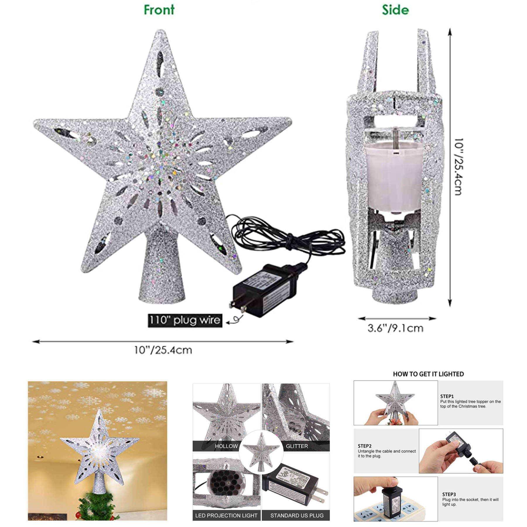 Christmas Tree Topper Lighted Star With Rotating Snowflake Projector 2