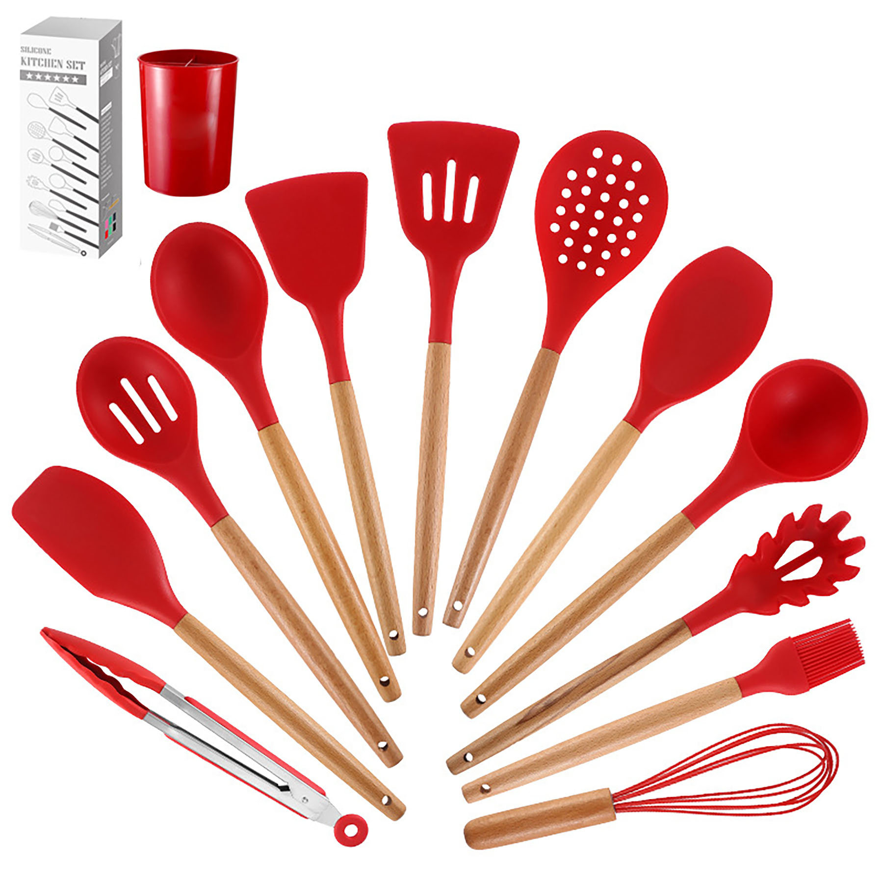 12 Pcs Non-stick Silicone Cooking Kitchen Utensils Spatula Set w/ Holder Wooden Handles 18