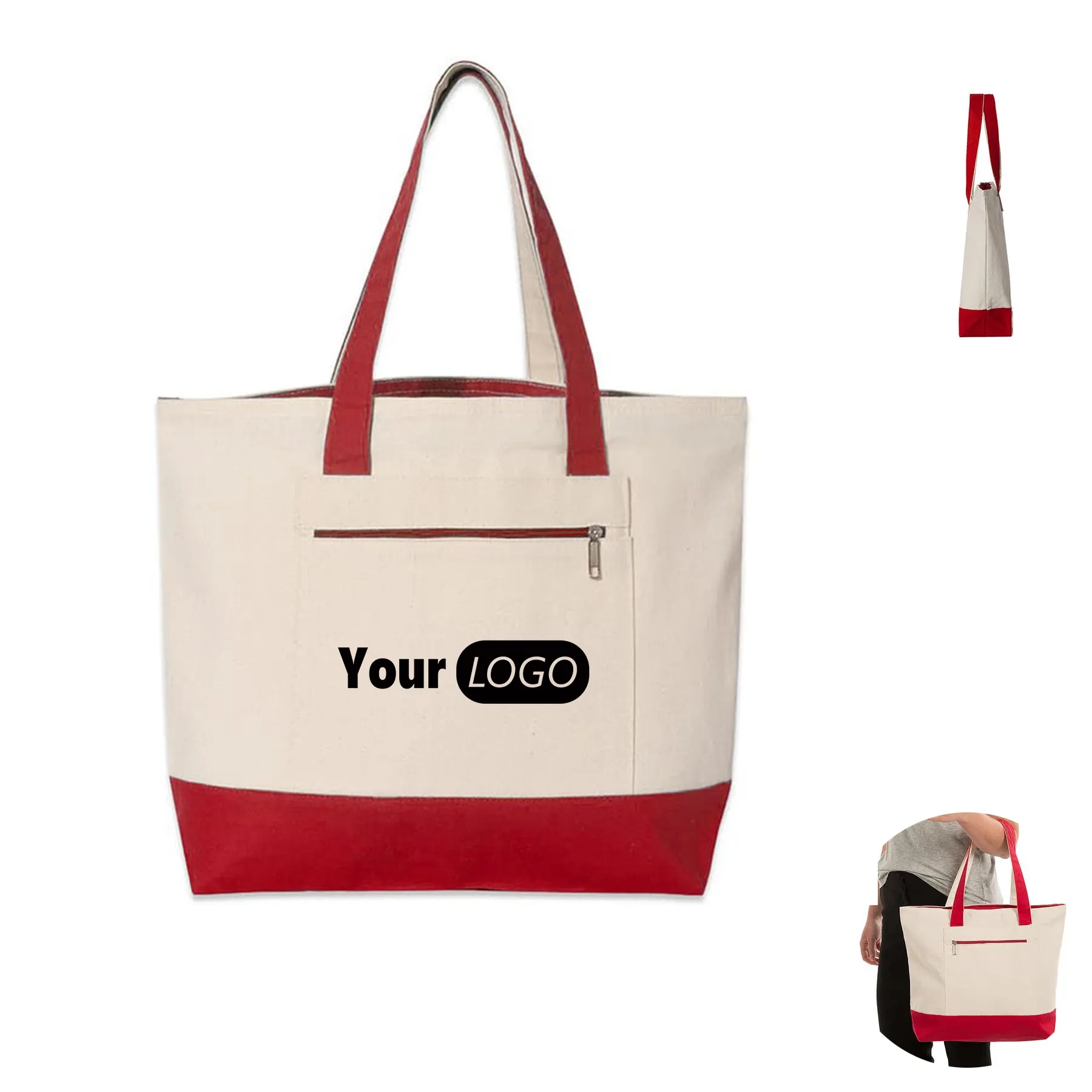 Medium Front Zipper Cotton Boat Tote Bag, custom tote bag with logo imprint 2