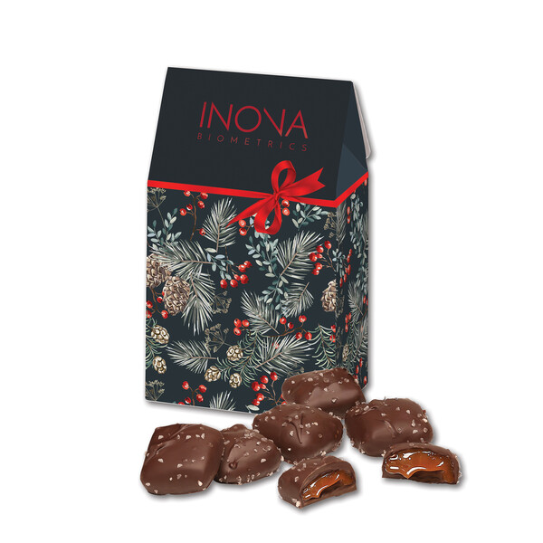 Chocolate Sea Salt Caramels in Pine Boughs & Berries Gable Top Gift Box 1