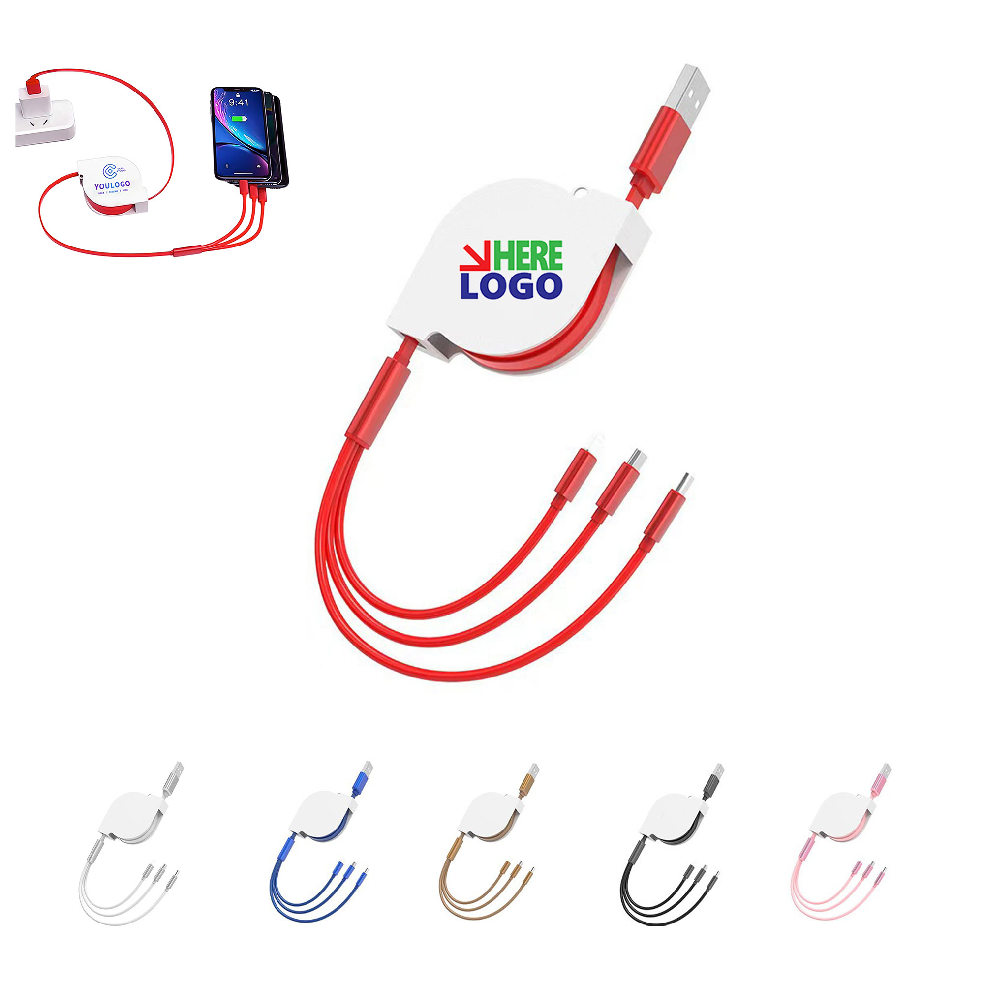 3 In 1 Extra Long Retractable Data Cable Metal Case USB 4