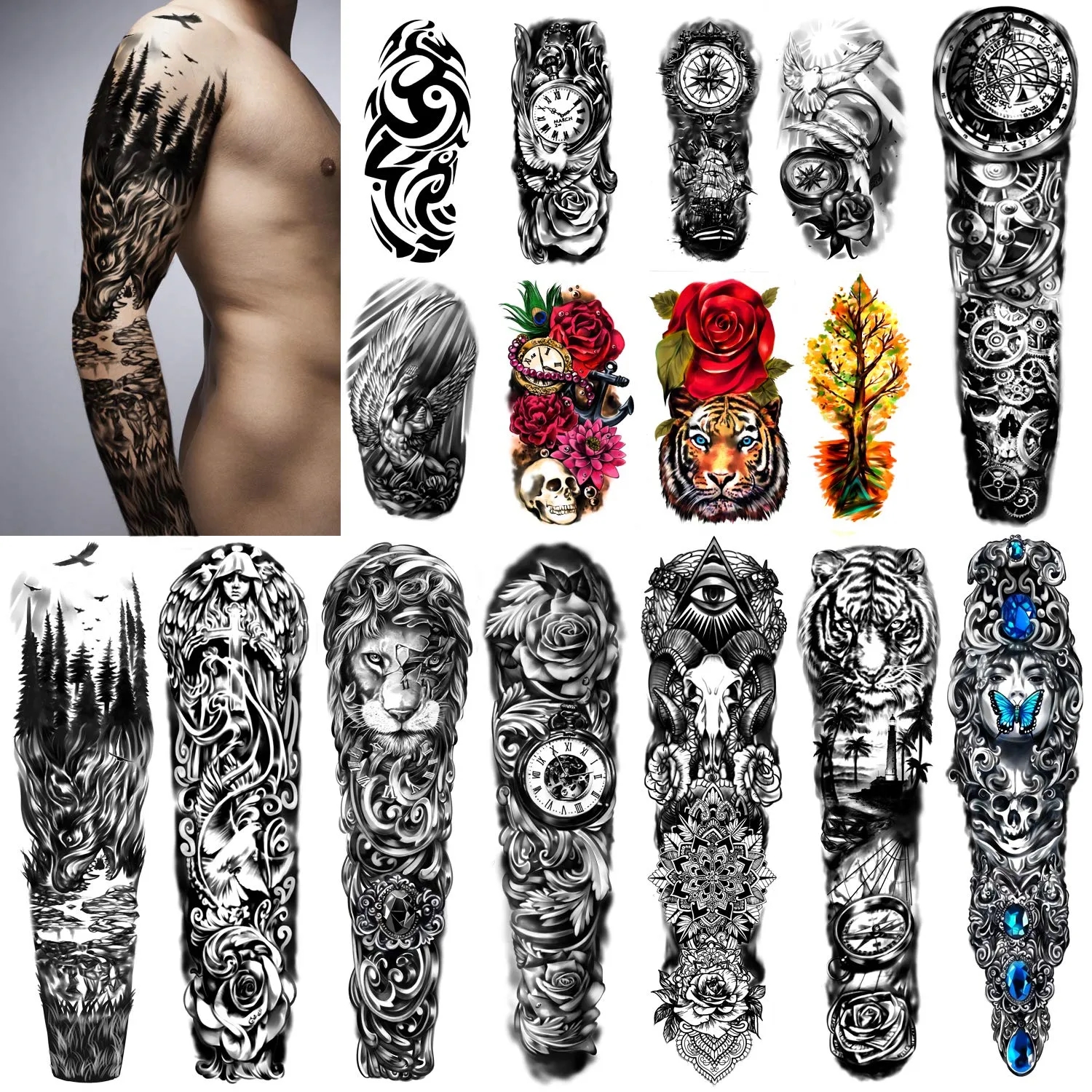 Waterproof Temporary Arm Tattoo Stickers 22.83"X7.1" 2