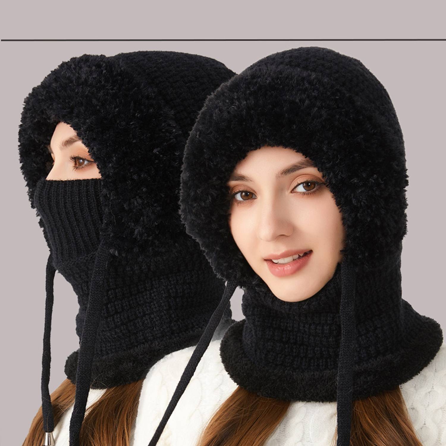 Women Winter Knit Beanie Hat w/ Face Mask 13