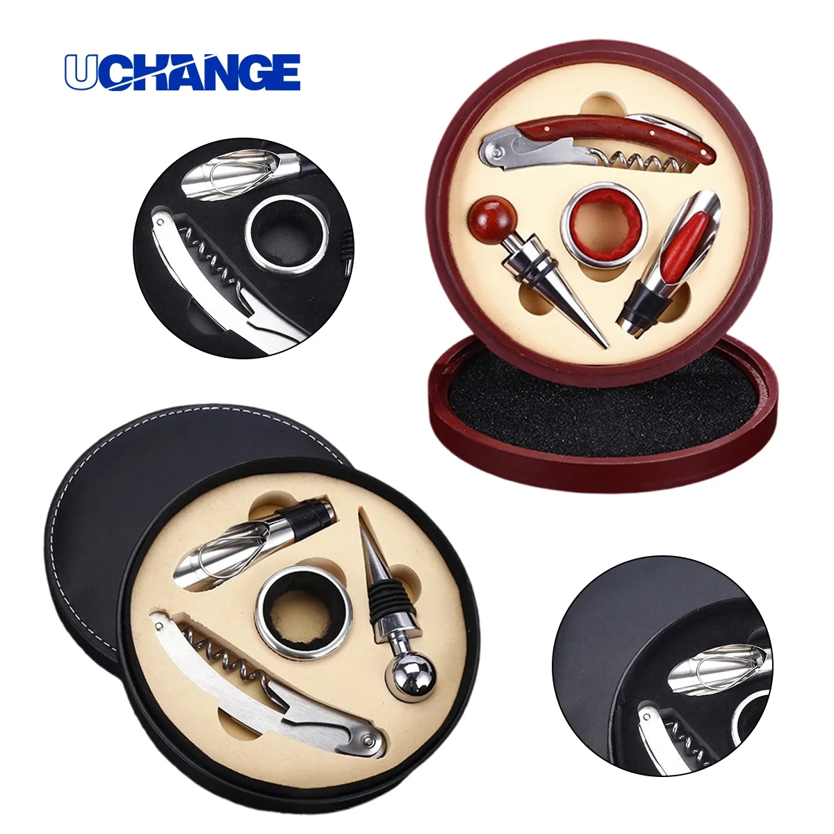 4 Piece Wine Gift Set In Round Leather Case 7