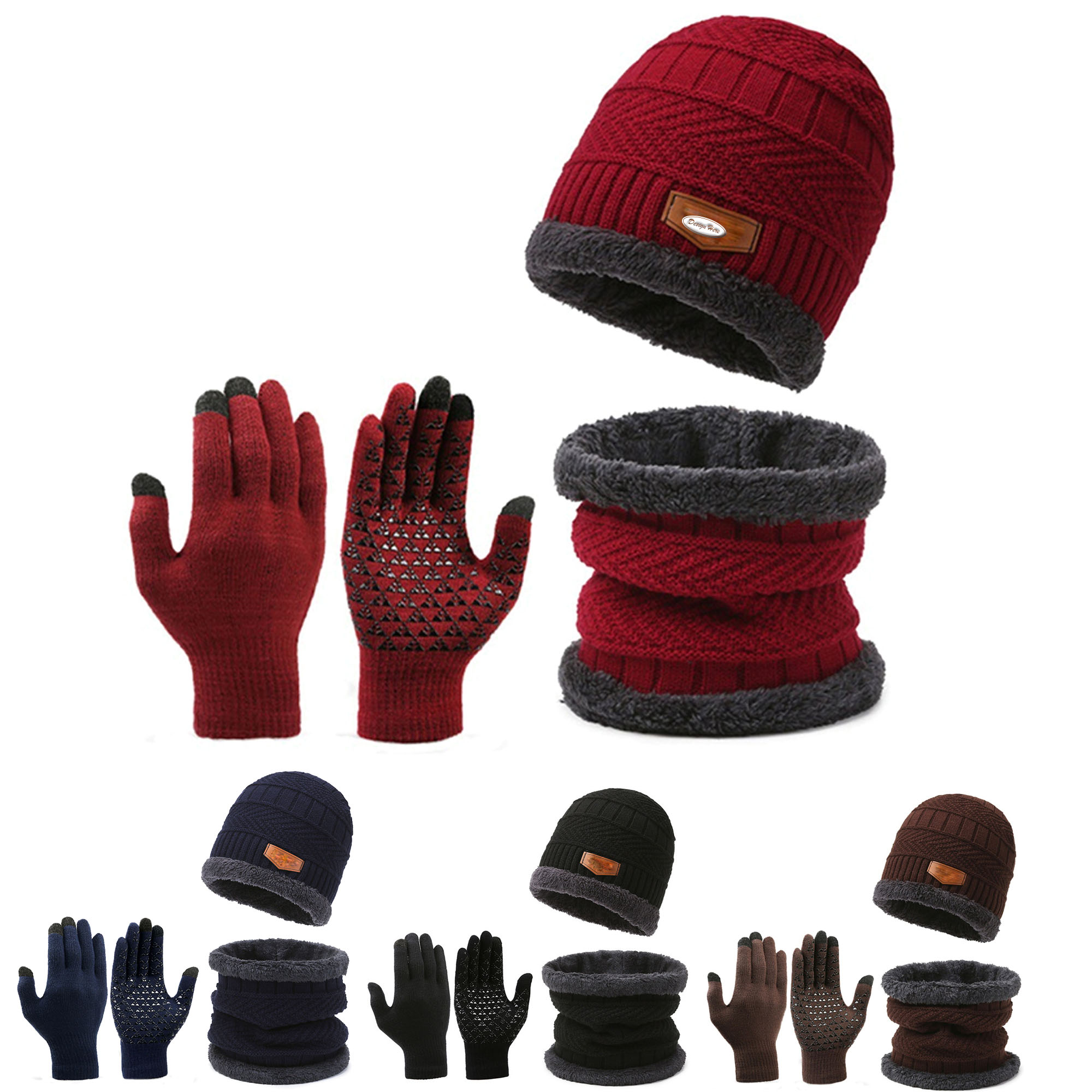 Slouchy Beanie, Scarf & Gloves Set Winter Knit Hat Combo 3
