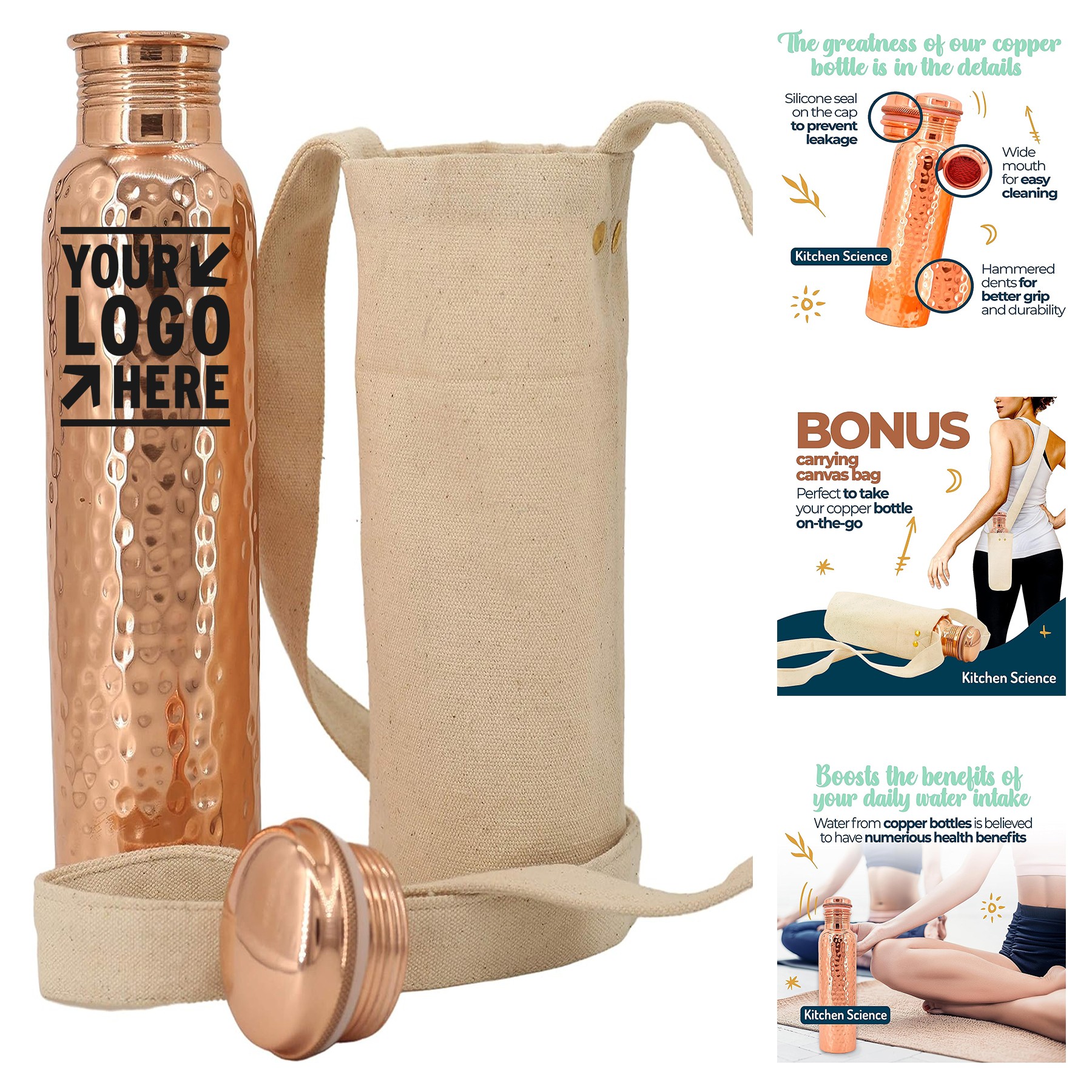 Carrying Canvas Bag Heavy Duty Leak-Proof 100% Pure Copper 32oz Water Bottle 1