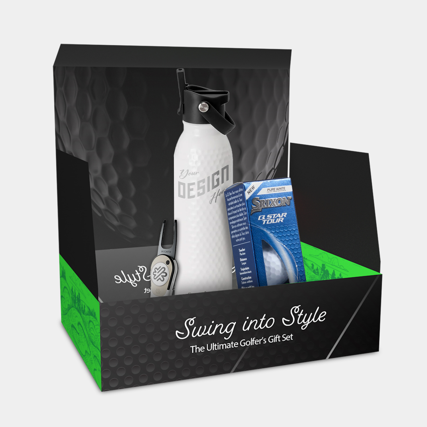 20 oz SWIG® Golf Flip & Sip SS Water Bottle, Srixon® Golf Balls & Pitchfix® Icon Divot Tool Gift Set 2